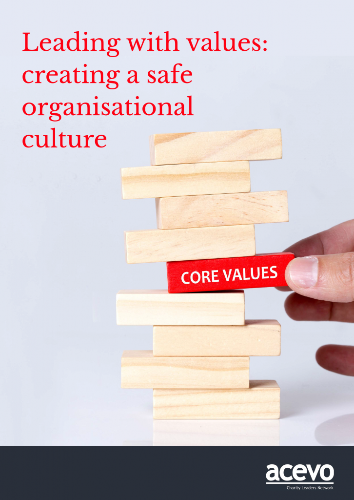 Cover of report It reads: Leading with values: creating a safe organisational culture. ACEVO logo