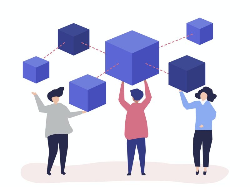 illustration of three people standing and above them there are 6 cubes, each in a different size. the cubes are connected through dotted lines