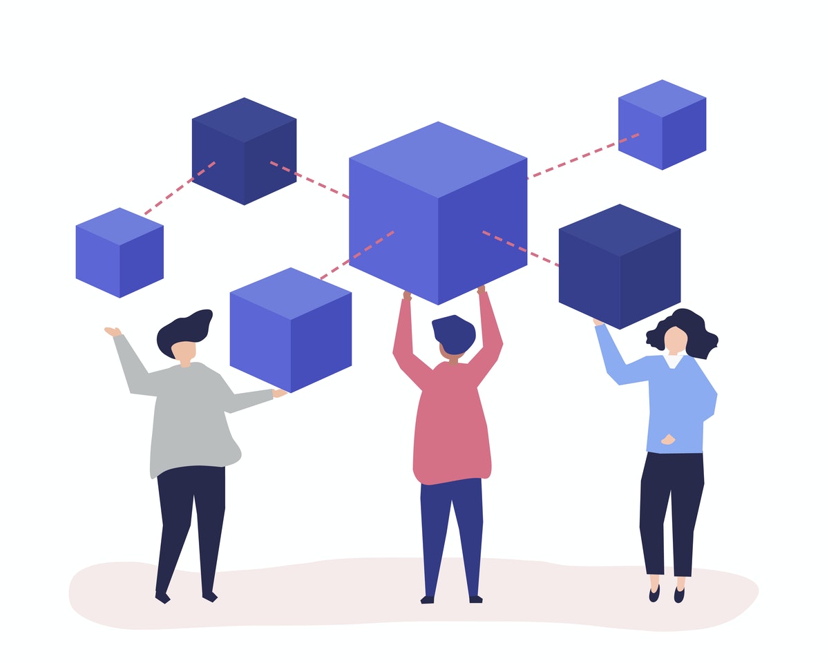 illustration of three people standing and above them there are 6 cubes, each in a different size. the cubes are connected through dotted lines