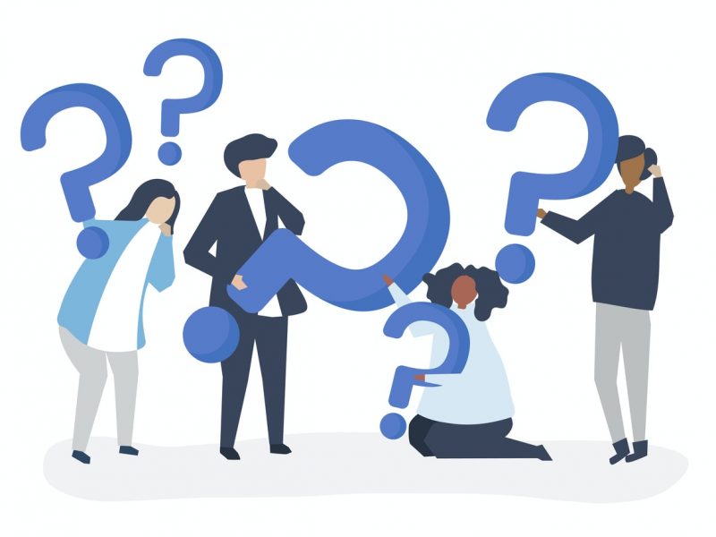 illustration of 4 people holding question marks, there are 5 question marks in total, in different sizes, all in blue.