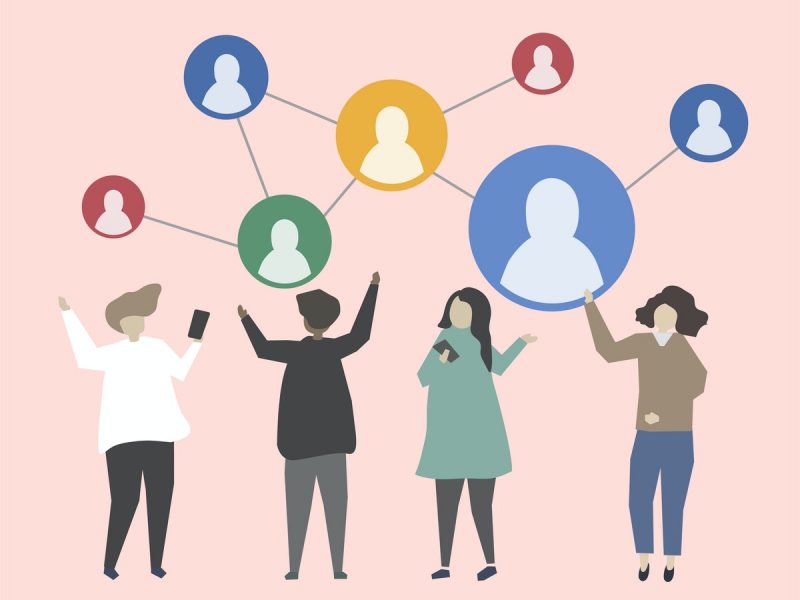 Illustration with a light pink background. 4 people standing up, and above them there are circles with generic profiles of a person within. The circles are 'floating' above, and connected to each other with dotted lines. The illustration represents a network of people