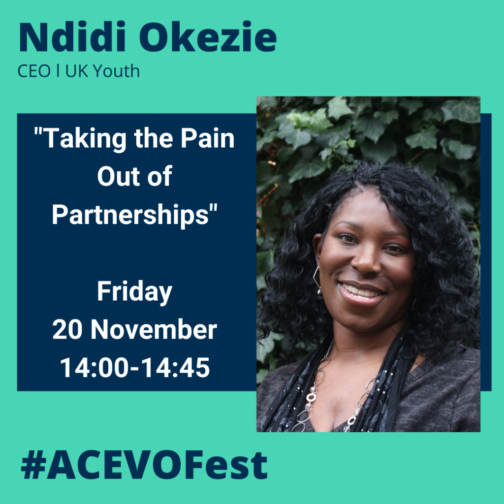 Photo of Ndidi Okezie, her name and job title of CEO at UK Youth and information about her session at #ACEVOFest