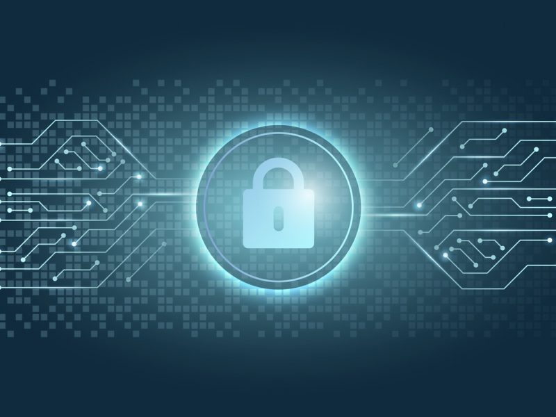 illustration of a padlock with a circle around it. electronic connections trying to invade the circle, as it's protecting the padlock