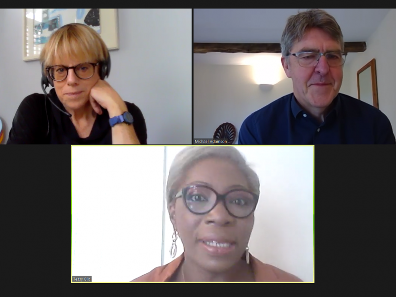 screenshot of Tessy Ojo, Polly Neate and Michael Adamson in a Zoom meeting