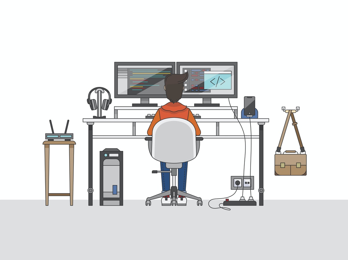 illustration of a person working from home. he is sitting in front of the computer with 2 screens side by side.