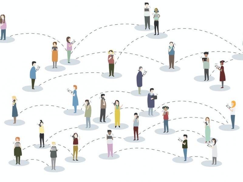 illustration of several people standing, everyone is looking at their electronic devices. Some of them are connected by a dotted line.