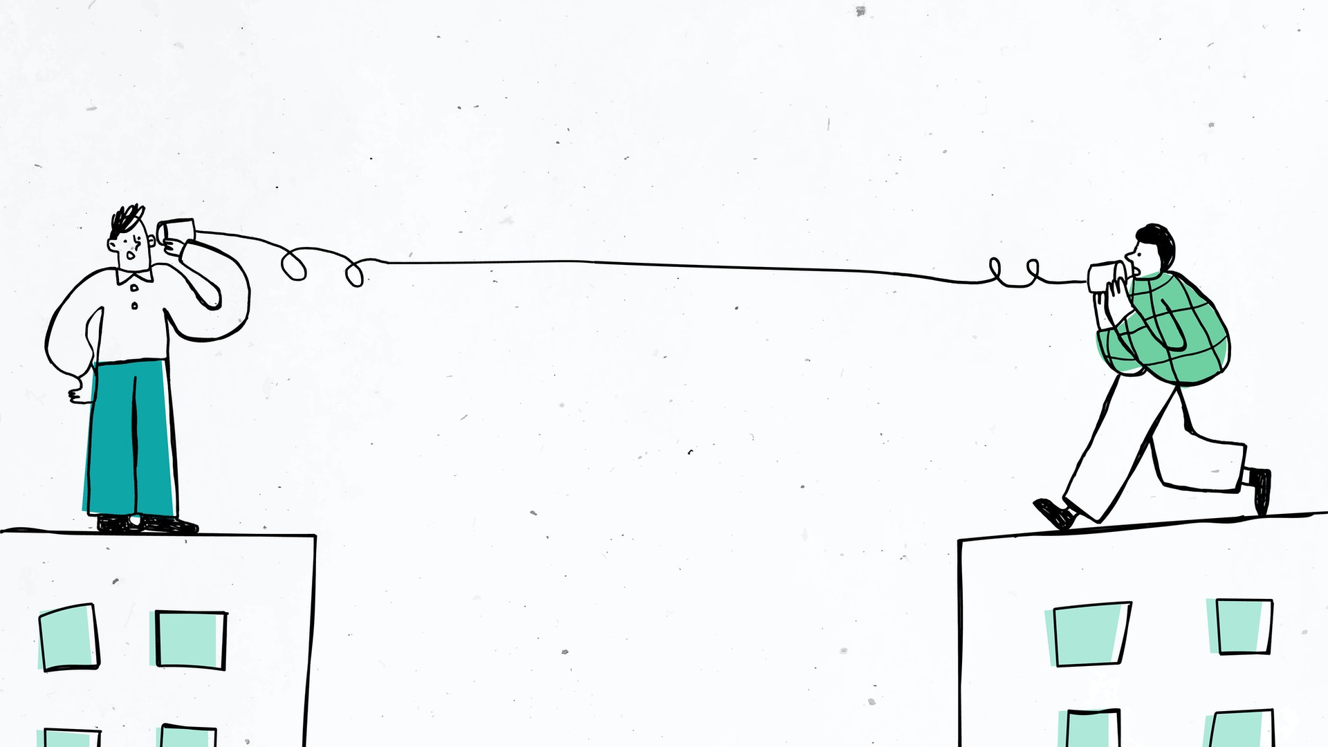 Illustration. Two people, each one standing on the top of a building, talking to each other using two cans attached to a wire