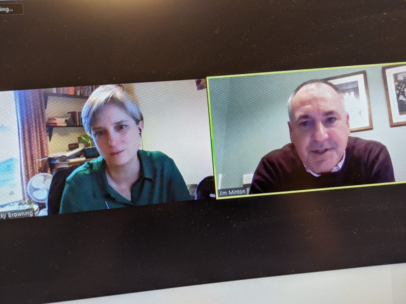 Screenshot of a Zoom call between Vicky Browning and Jim Minton