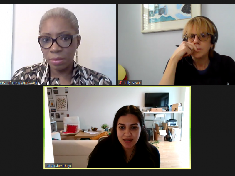 Screenshot of a conversation on Zoom with Polly Neate, Tessy Ojo and Saba Shafi