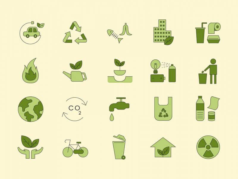 illustration with yellow background and 20 symbols of sustainability in green. 4 rows of 5 symbols.