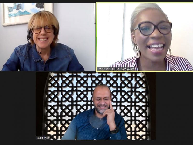 Screenshot of a Zoom conversation between Polly Neate, Tessy Ojo and Javed Khan