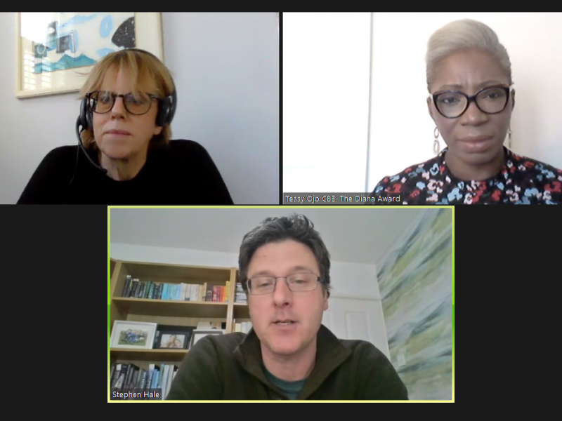 Screenshot of a Zoom conversation between Polly Neate, Tessy Ojo and Stephen Hale